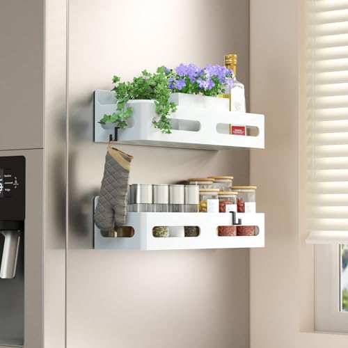 2 Pack Magnetic Spice Rack for Refrigerator with Hooks (White / 2 Pack)