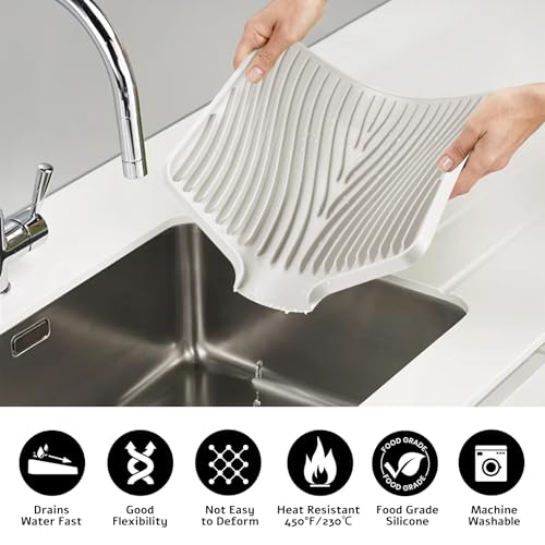 Silicone Dish Drying Mat for Kitchen Counter (Beige-2pcs / 16" x 12")