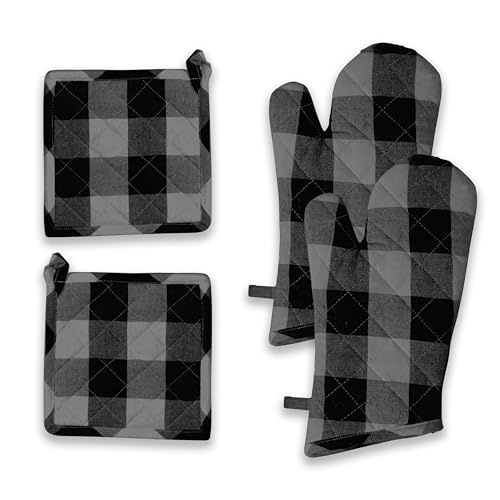 Buffalo Plaid Check Oven Mitts and Pot Holders Set (Light Grey & Black, Buffalo Plaid)