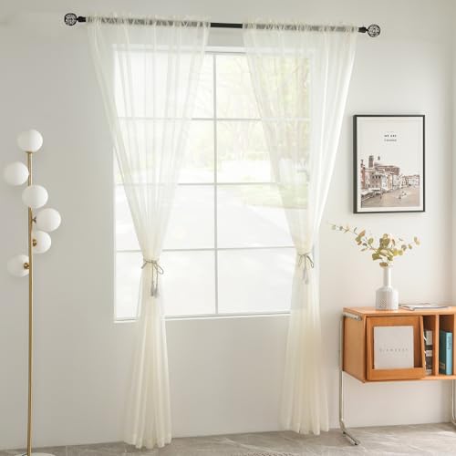 Solid Sheer Rod Pocket Curtain Voile Draperies 2 Panels White Beige Black Grey Coffee 70 Inch Width 96 Inch Long 1 Pair for Kitchen Bedroom Children Living Room Yard (Ivory / 70"W x 96"L (Pack of 2))