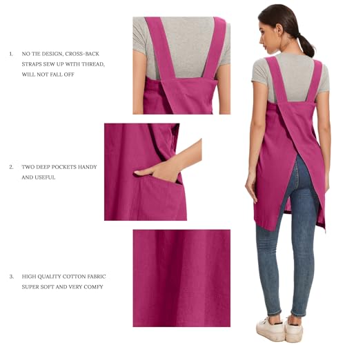 Women Cotton Linen Apron with 2 Pockets Kitchen Baking Cooking Chef Cross Back Pinafore Dress for Work Restaurant Gardening (Medium / Rose Red)