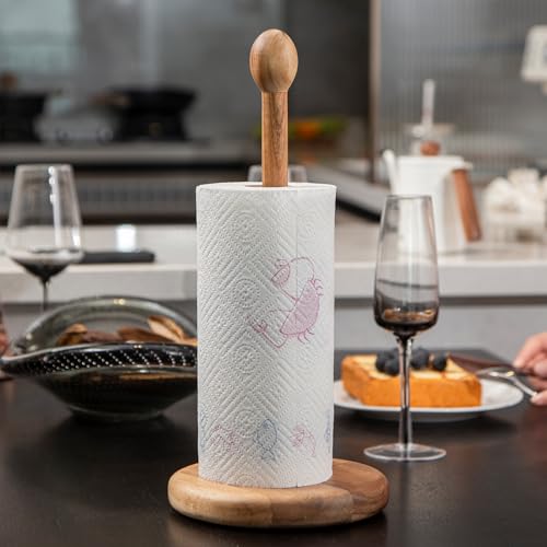 14.5" Paper Towel Holder Wood Acacia Wooden Paper Towel Holder Countertop Kitchen Paper Towel Roll 6.7" Large Heavy Base Free Standing Rustic Farmhouse Paper Towel Roll Holders (Light Brown (S))
