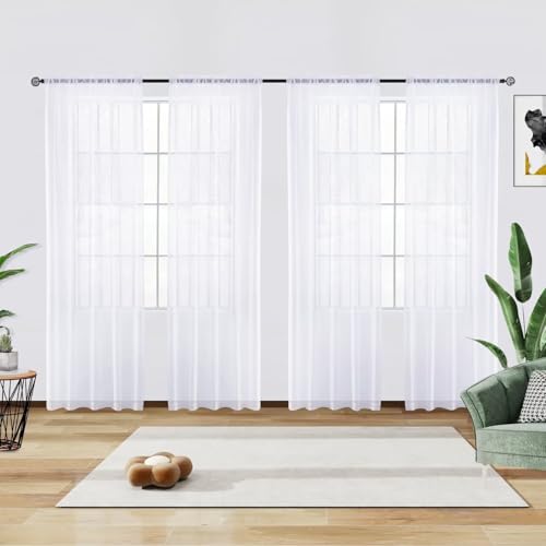 Solid Sheer Rod Pocket Curtain Voile Draperies 4 Panels White Beige Black Grey Ivory 52 Inch Width 45 Inch Long 1 Pair for Kitchen Bedroom Children Living Room Yard (Optical White / 52"W x 45"L (Pack of 4))