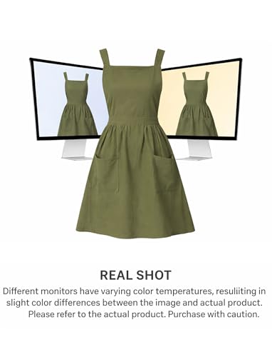 Cute Cotton Pinafore Aprons for Women with Pockets for Kitchen (Olive Green)