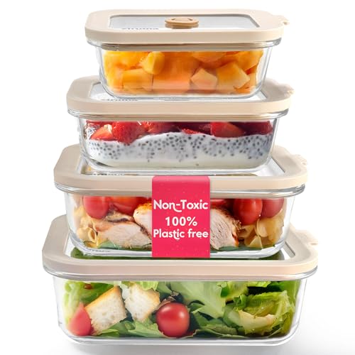 Non Toxic Glass Food Containers with Lids (Beige / Multi Size)