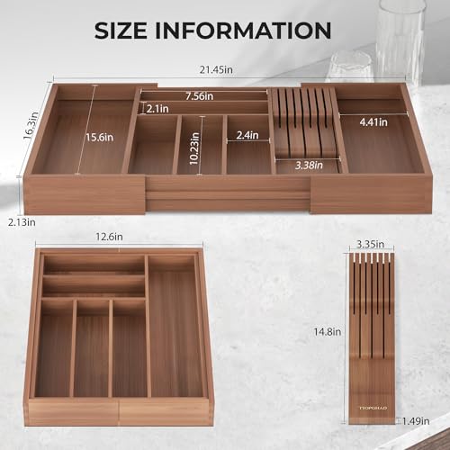 Expandable Bamboo Silverware Organizer with Knife Block (Brown / Large)