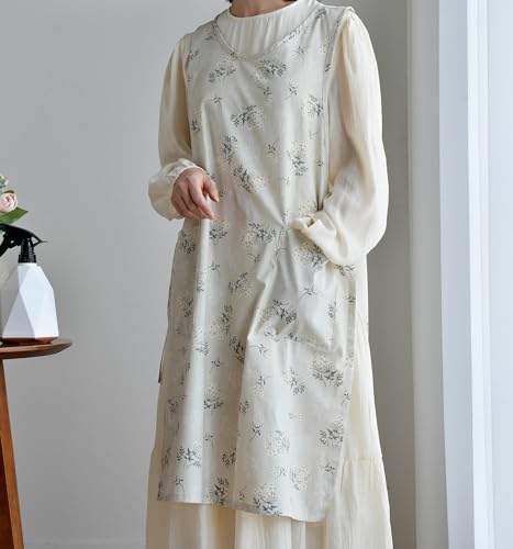 Japanese Cotton Linen Cross Back Work Apron for Women with Pockets Pinafore Dress Smock (02-flower)