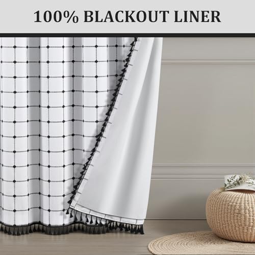 Boho Blackout Black Plaid Curtains 84 Inch Linen Blend 2 Panels (Black Plaid / 52"W x 84"L (Pack of 2))