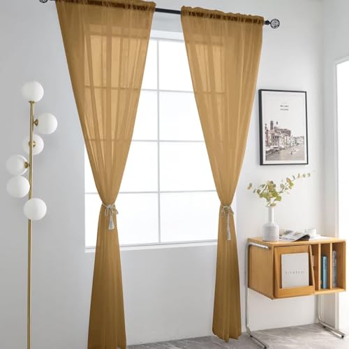 Basic Rod Pocket Sheer Voile Window Curtain Panels Light Brown 1 Pair 2 Panels 52 Width 54 Inch Long for Kitchen Bedroom Children Living Room Yard（Light Brown (Light Brown / 52"W x 54"L (Pack of 2))