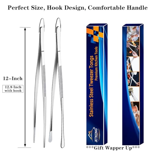 2 Pcs 12 Inch Kitchen Tweezers Fine Tweezer Tongs (12+12 Inch / Silver)