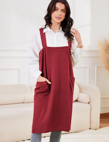 Women's Cotton Cross Back Pinafore with Big Pockets Practical Aprons for Gardening Works (Small / Wine)
