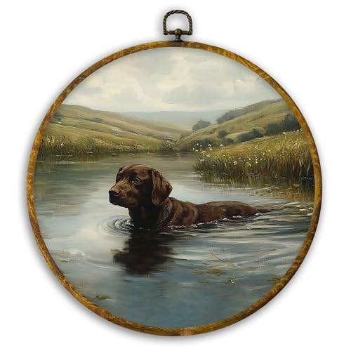 Rustic Country Chocolate Labrador Retriever Round Wall Art (Colour 09)