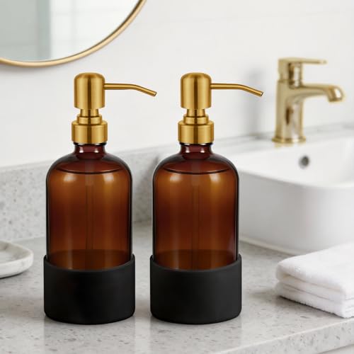16 oz Amber Glass Soap Dispenser (Amber With Golden Pump)