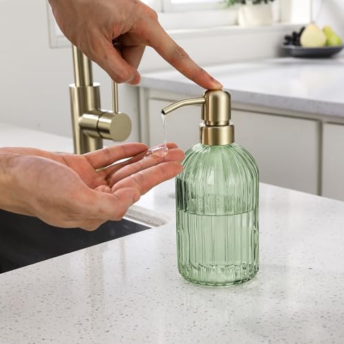 16Oz Green Glass Soap Dispenser with Rust Proof Stainless Steel Pump (Brushed Gold + Green / 1-Pack)