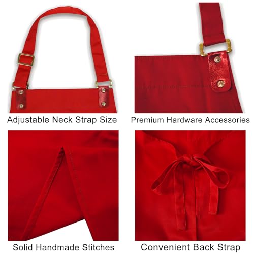 Barista Tools Apron for Women Hairstylists Servers Waterproof Canvas Kitchen Apron with 3 Pockets for Cooking Gardening (Red)
