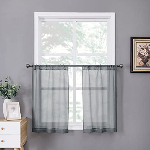 Sheer Tier Curtains Kitchen Linen Textured Half Curtain Sheers Light Filtering Rod Pocket Voile Bathroom Short Curtains for Farmhouse (25"W x 30"L (Pack of 2) / Dark Grey)