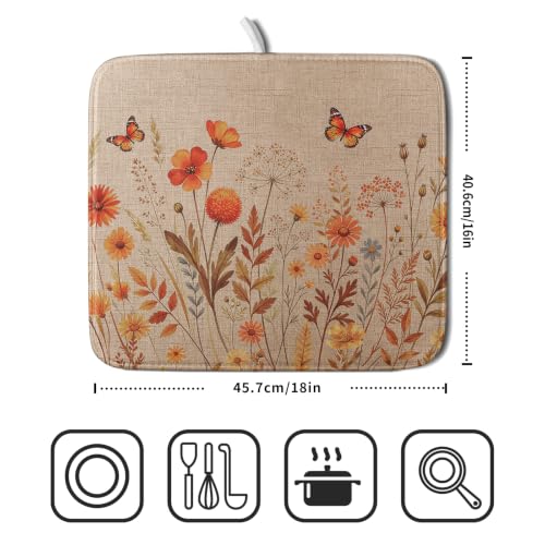 Rustic Fall Flowers Dish Drying Mat Retro Autumn Orange Floral Butterfly Dish Drainer Mats 16"x18" Microfiber Reversible Dish Drying Rack Pad Protector for Kitchen Countertop Decor (18" x 16")