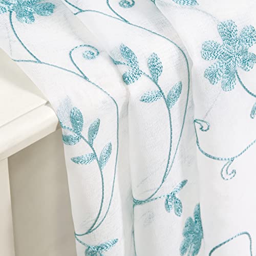 White and Blue Embroidered Floral Sheer Curtains 84 Inches Long 2 Panels Flower Pattern Semi Sheer Window Curtains for Bedroom Living Room (52"W x 84"L (Pack of 2) / White & Blue)