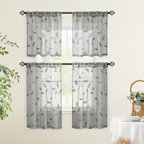 Grey Kitchen Sheer Tier Curtains Leaf Embroidered (30"W x 36"L (Pack of 2) / 3-grey)