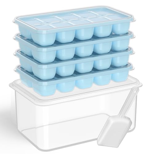 Ice Cube Tray with Lid and Bin (Lake Blue / 8.2*4.5*3.6'' - 4 Pack)