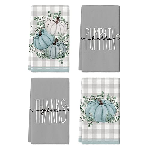 Grey Pumpkin Leaves Fall Kitchen Towels Set of 4 18x26 Inch (Grey)