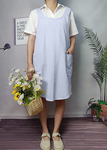 Cotton Cross Back Aprons Solid Color Cooking Kitchen Garden Smock for Women Girls with Pockets (Blue / 37W x 32L)