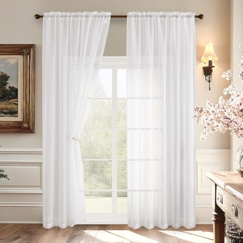 2 Pack Basic White Sheer Curtain Drapes for Living Room 84 Inch Length 2 Panels (59"W x 84"L (Pack of 2) / White)