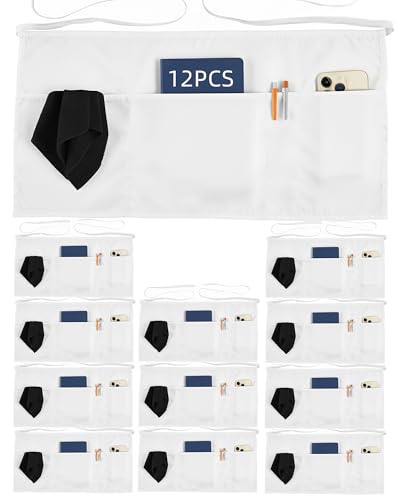 12 Pcs Server Aprons with 4 Pockets (12 Pack Waitress Apron for Women-white)