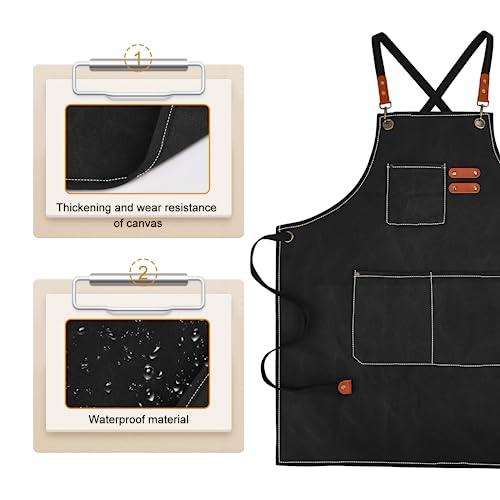 Cross Back Chef Aprons for Men Women with Pockets (Black)
