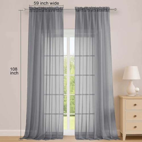 Sheer Grey Curtains 108 Inches Long for Living Room Bedroom 2 Panels Set (Grey / 59"W x 108"L (Pack of 2))