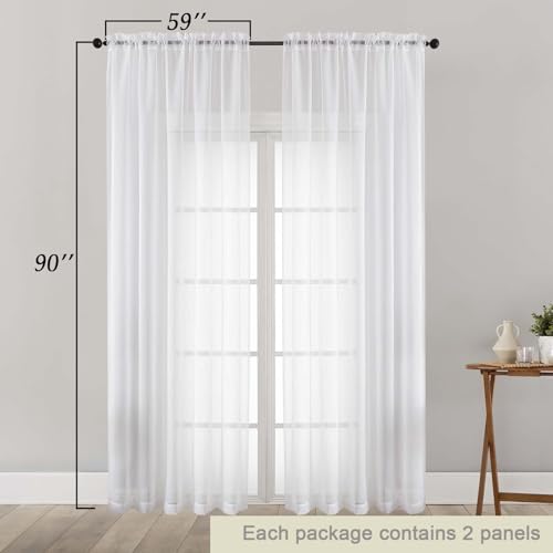Sheer White Curtains for Bedroom Living Room 90 Inches Long 2 Panels Set (White / 59"W x 90"L (Pack of 2))