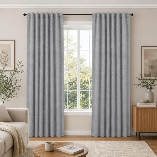 Faux Linen 100% Blackout Curtains with Hidden Tabs & Pleat Tape (Grey/100% Blackout / 50"W x 84"L (Pack of 2))