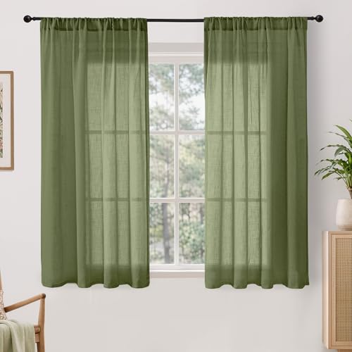 Green Linen Curtains 48 Inches Long for Short Bedroom (Olive Green / 42"W x 48"L (Pack of 2))