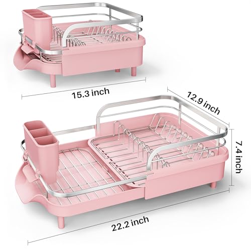 Expandable Dish Drying Rack for Small Kitchen Counter (Pink)