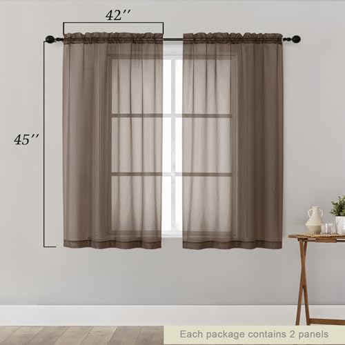 Chocolate Sheer Curtains for Bedroom Living Room 45 Inch Length 2 Panels (Chocolate / 42"W x 45"L (Pack of 2))