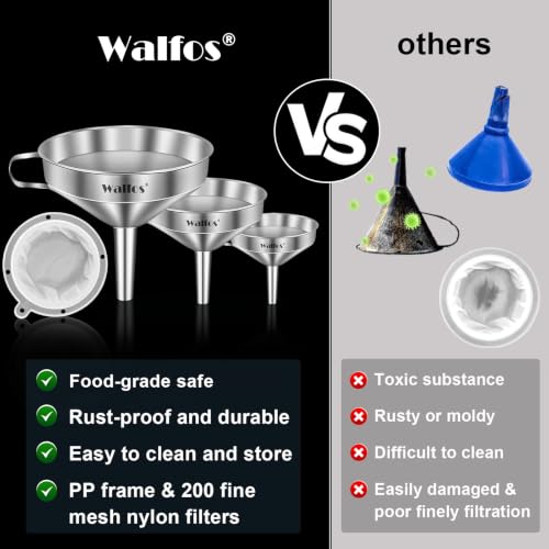 3Pcs Kitchen Funnel with 2 Removable Strainer ＆ 1 Cleaning Brush & 1Pc 200 Mesh Food Filter Strainer (3pcs 5.7+5+4.1cm)