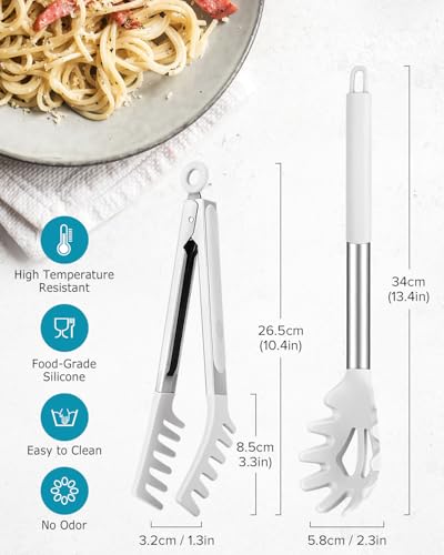 Silicone Spaghetti Spoon and Pasta Tong (White)