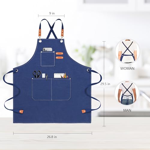 Chef Apron for Men Women Canvas Aprons with 3 Pockets Cross Back Resistant Work Apron for Cooking Grilling Baking BBQ Barber Kitchen (Dark Blue)