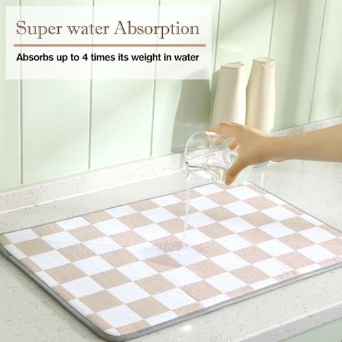 Dish Drying Mat for Kitchen Counter 16 x 24 Microfiber Absorbent Dish Drainer Rack Pads Fast Dry Mat Vintage Kitchen Decorations (16" x 24" / Checkered / Beige)