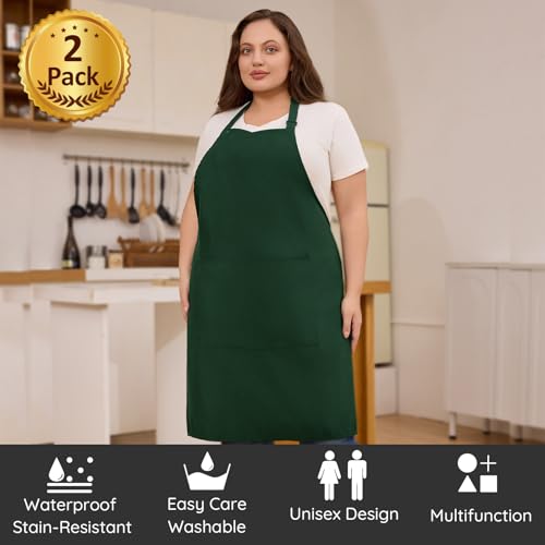 2 Pack Plus Size Waterproof Chef Apron with 2 Pockets for Men Women (Green)