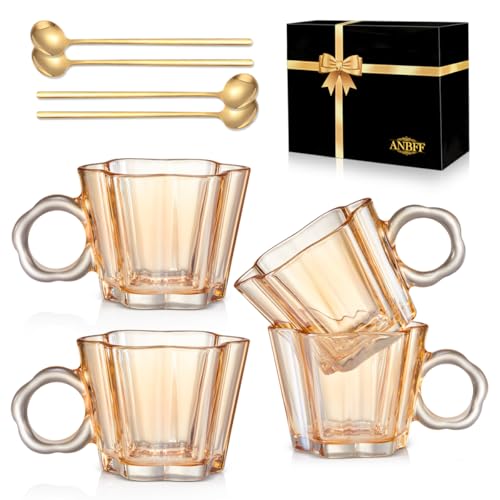11oz Amber Floral Glass Coffee Mugs Set of 4 with Spoons (Amber)
