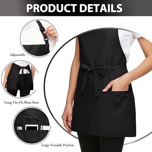 Kitchen Cooking Apron Unisex Adjustable chef apron with 3 pockets (02 Pack Long Black)
