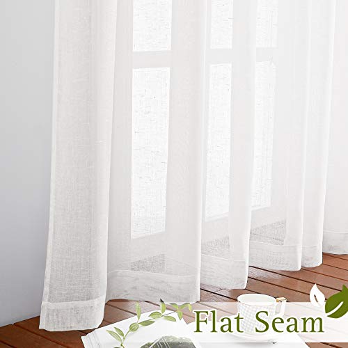 Linen Sheer Short Curtains 48 inch Length 2 Panels for Kitchen (36"W x 48"L (Pack of 2) / White)