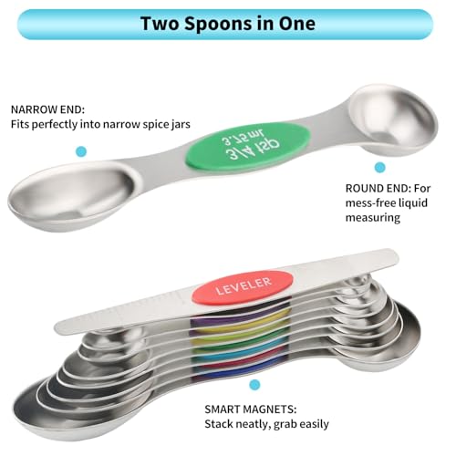 Magnetic Measuring Spoons Set of 9 with Leveler (Multicolor)