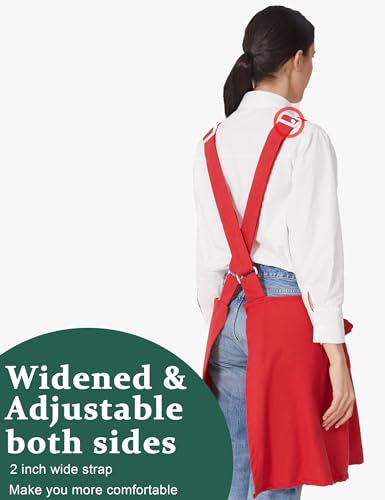 Cozy Adjustable Cross Back Aprons for Women with Pockets Cotton Linen Cooking Kitchen Baking Red (Red)