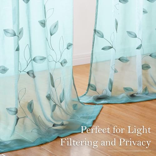 Turquoise Sheer Curtains Leaf Embroidered (52"W x 96"L (Pack of 2) / 5-turquoise)