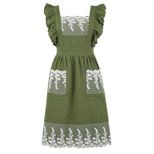 Vintage Aprons for Woman with Pockets Cute Lace Ruffle Adjustable Apron for Cooking Kitchen Baking Gardening (Army Green)