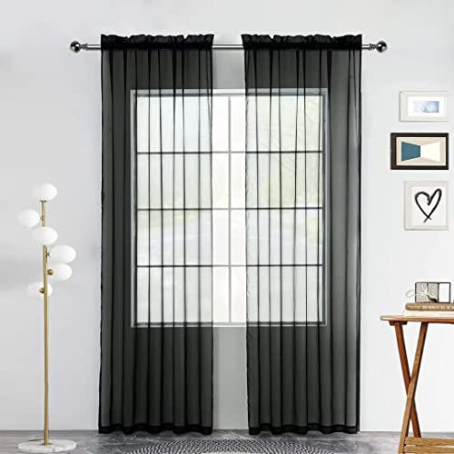 Sheer Voile Window Treatment Rod Pocket Curtain Panels for Kitchen Bedroom Living Room Drapes Sunlight Filtering Privacy Semi Home Decor Assorted (Black / 52"W x 63"L (Pack of 2))