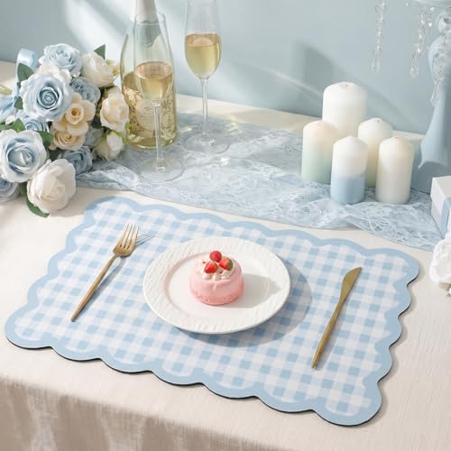 Blue Gray Scalloped Gingham Coffee Mat 12" x 20" (Light Blue / Gingham)