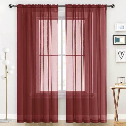 Basic Rod Pocket Sheer Voile Window Curtain Panels Burgundy 1 Pair 2 Panels 52 Width 72 Inch Long for Kitchen Bedroom Children Living Room Yard (Burgundy / 52"W x 72"L (Pack of 2))